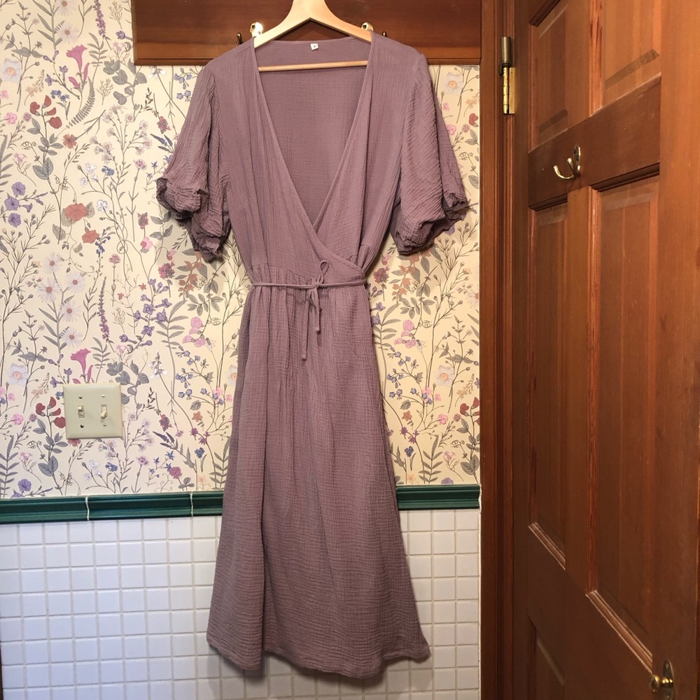 Purple cotton wrap dress with poofy sleeves